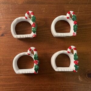 Vintage Christmas Holiday Ceramic Napkin Rings Candy Canes Holly Set of 8